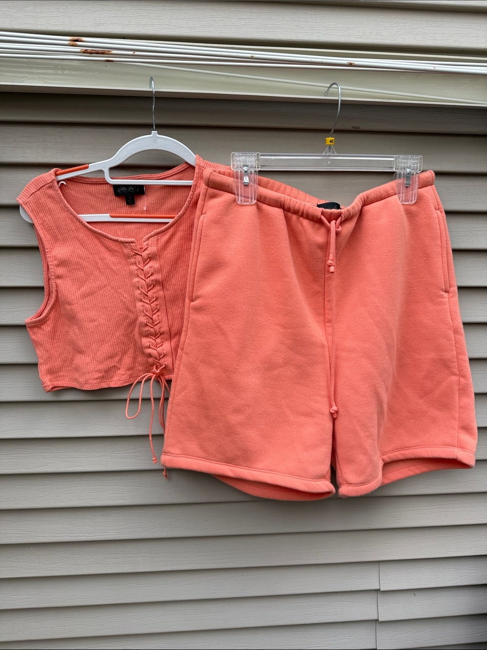 Set of two - Peach Ribbed Crop Top & Drawstring Shorts Fits M